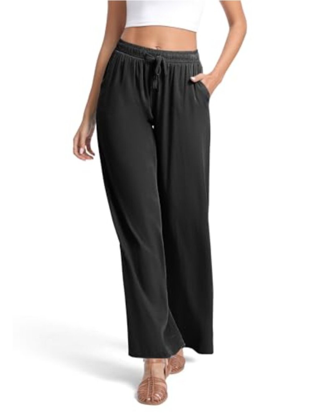 Lightweight Wide Leg Palazzo Pants Elastic Drawstring Office Casual Trousers